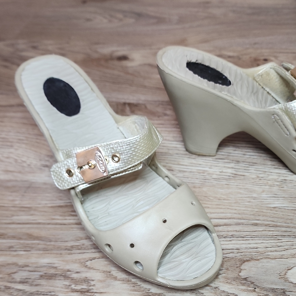 Dr Scholls Original Asana Buckle Open Toe Slide On Grey Heels Feel Good Shoes